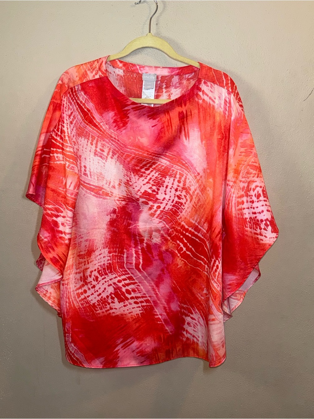 Women’s Chico’s Red-Pink Tie-dye Watercolor Poncho Blouse Sz S/M